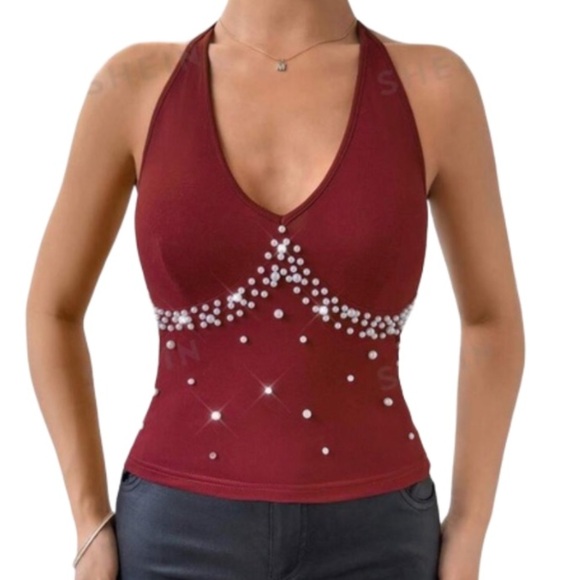 SHEIN Tops - 🛍️ 2/30 NWT Allurite Beaded Halter Backless Top.